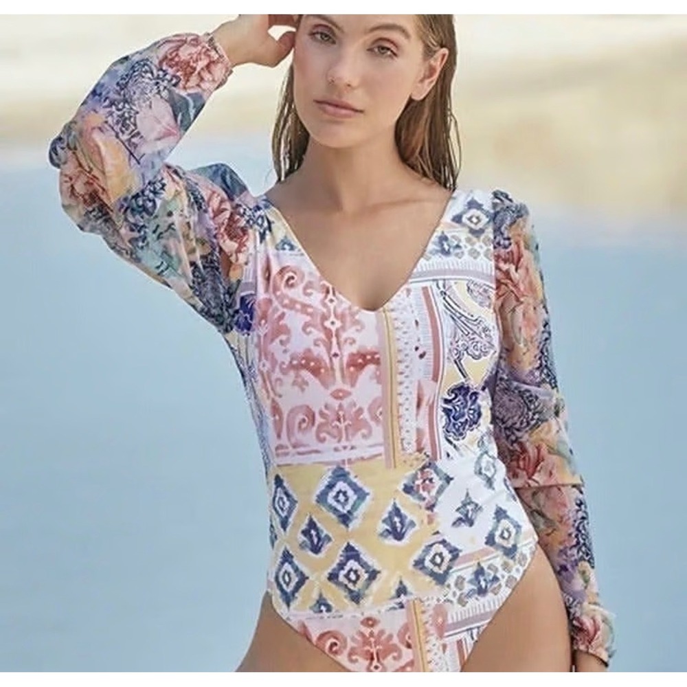 Phax Claridad Long Sleeve One Piece Swimsuit Patchwork Boho Puff Sleeve Small